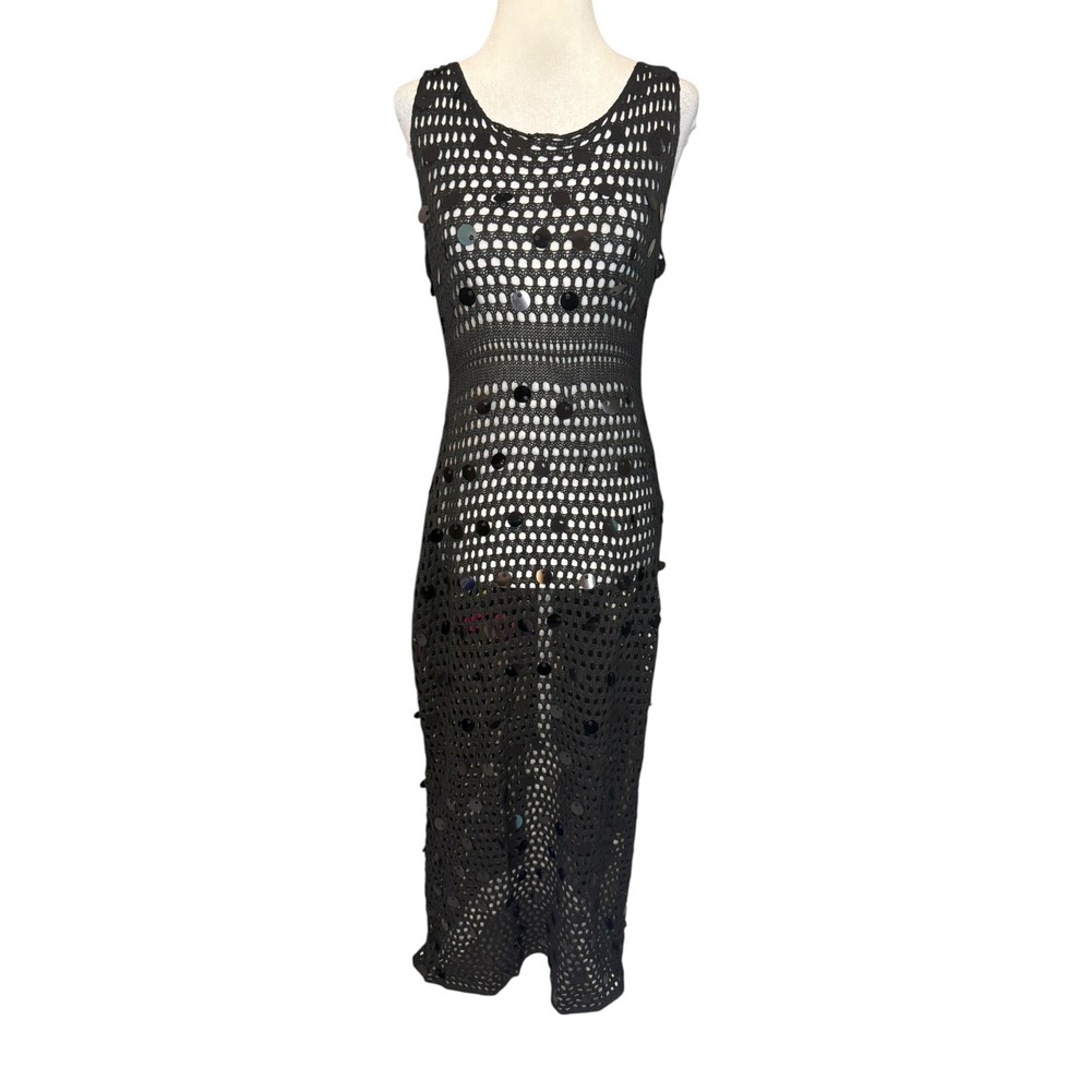 Cupshe Black Crochet Sequin Maxi Dress Cover Up CAA07B4F02AA Large New